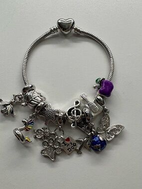 Silver-Tone Charm Bracelet with Purple Apple and Blue Globe Charms